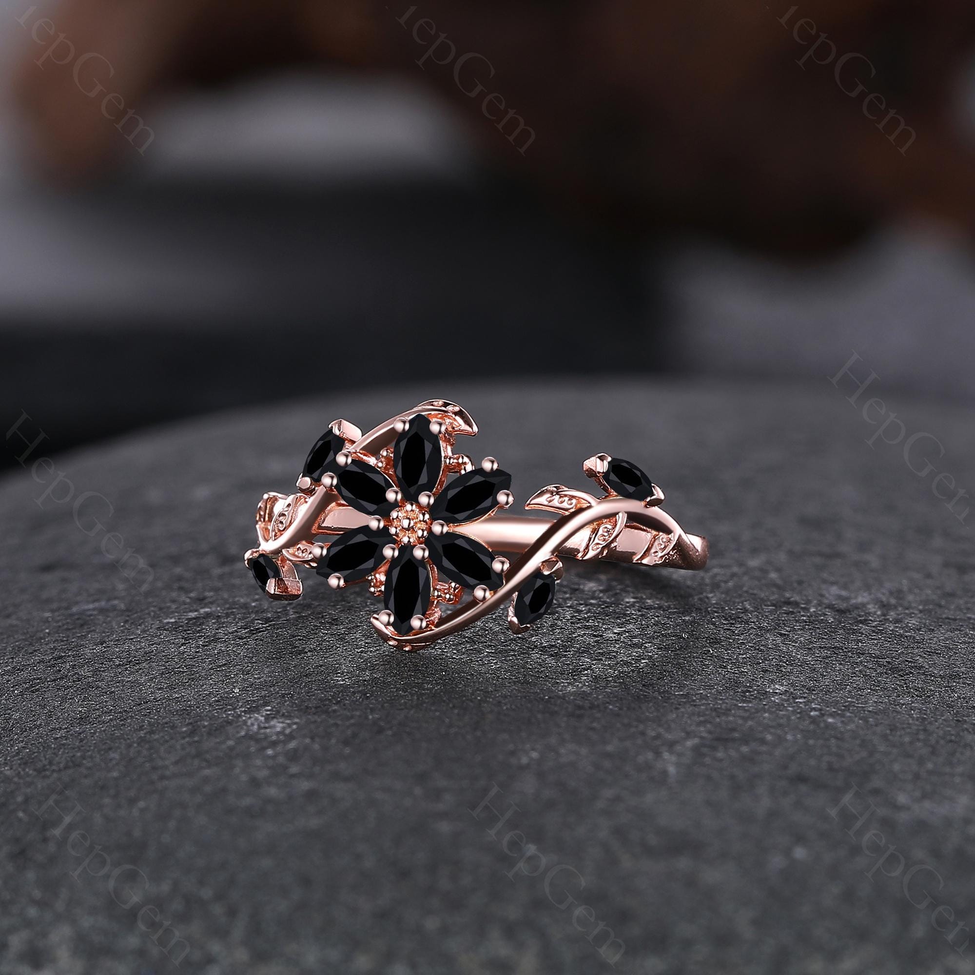 Unique Flower Shape Black Onyx Wedding Ring Nature Inspired Leaf