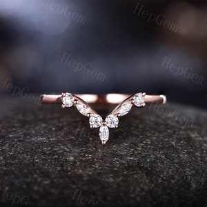 Antique Moissanite Wedding Band Marquise Moissanite Stack Ring Curved Band 14K Rose Gold Women Anniversary Bridal Promise Ring Gift For Her