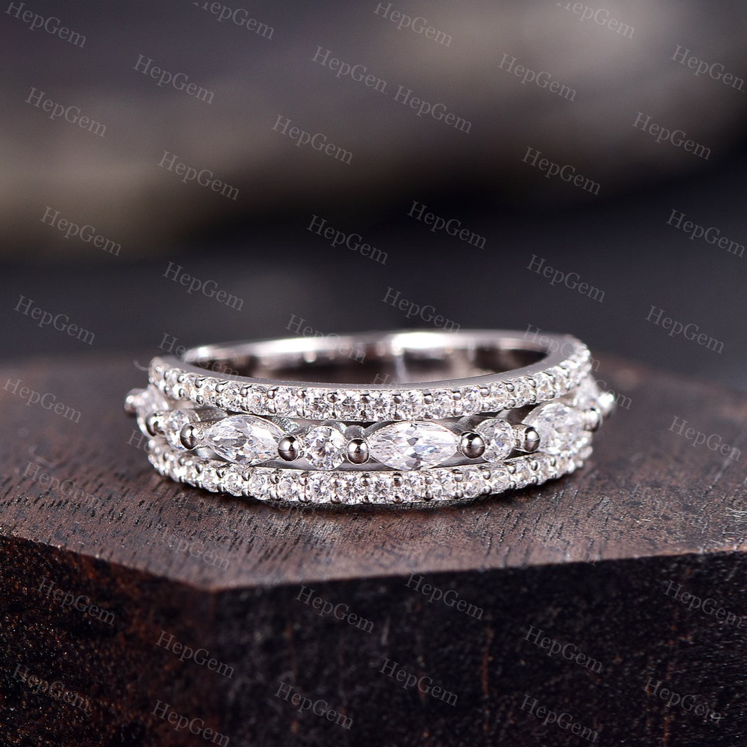 Cluster Moissanite Stack Wedding Ring Half Eternity Marquise Band 14K ...