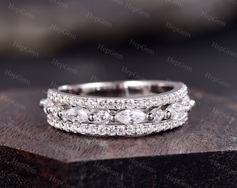 Cluster Moissanite Stack Wedding Ring Half Eternity Marquise Band 14K White Gold Anniversary Ring Bridal Matching Ring Anniversary Gift
