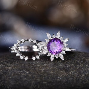 Snowflake Amethyst Engagement Ring,Silver White Gold Petal Ring,Marquise Moissanite Halo Ring,Birthstone Vintage Amethyst Anniversary Gift