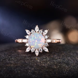 Vintage Opal Ring,October Birthstone Ring,Rose Gold Opal Engagement Ring,Art Deco Halo Women Wedding Ring,White Fire Opal Ring,Promise Ring