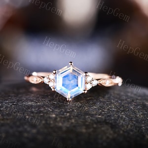 Hexagon Cut Rainbow Moonstone Engagement Ring,Rose Gold Ring,Vintage Marquise Bridal Ring,Art Deco June Birthstone Anniversary Ring Gift