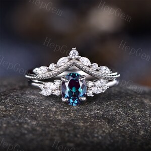 Oval Cut Alexandrite Engagement Ring Set,White Gold Vintage Alexandrite Cluster Ring,Moissanite Ring,June Birthstone,Anniversary Women Gift