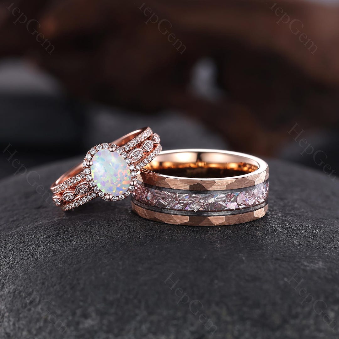 天然石☆ブレスレット&パーツ、合金リングなどのセット売り 3pcs Oval White Opal Couple Wedding Ring Set Rose Gold Bridal Set