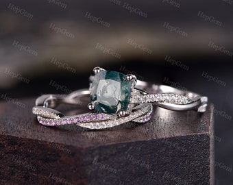 Green Moss Agate Engagement Ring,Infinity Amethyst White Gold Bridal Moissanite Ring,Promise Anniversary Ring,Stack Wedding Gift For Women