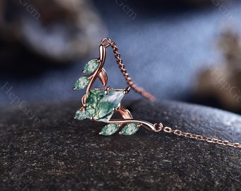 Kite Natural Moss Agate Necklace 14k Rose Gold Leaf Pendant