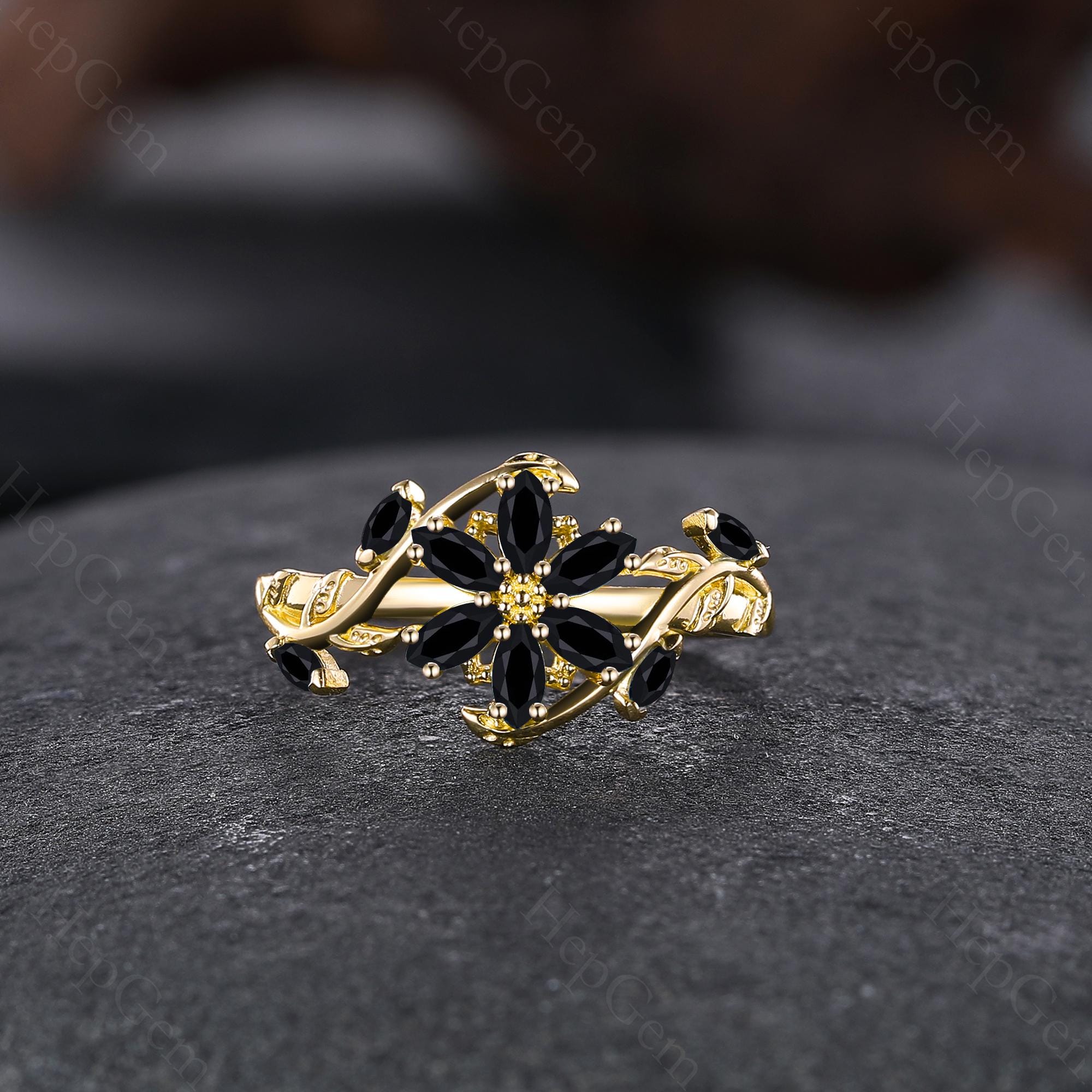 Unique Flower Shape Black Onyx Wedding Ring Nature Inspired Leaf