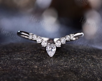 Antik Moissanite Hochzeit Band Birne Moissanite Stapel Ring Gebogen Band 14K Weißgold Frauen Jahrestag Braut Versprechen Ring Geschenk für sie