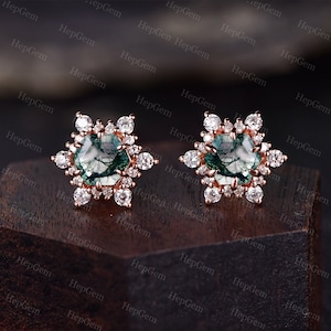 Vintage Genuine Green Moss Agate Earrings Hexagon Moss Agate Stud Earrings Moss Agate Earrings  for Women Rose Gold Moissanite Earrings Gift