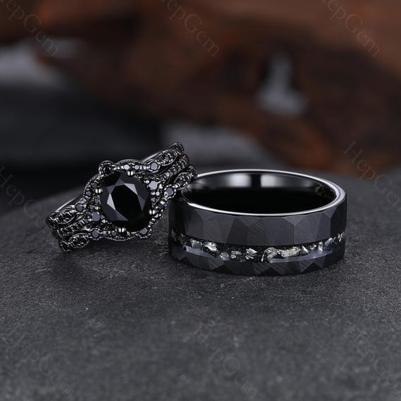 Gothic Black Onyx Couple Ring Set 3pc Black Onyx Bridal Set Gothic