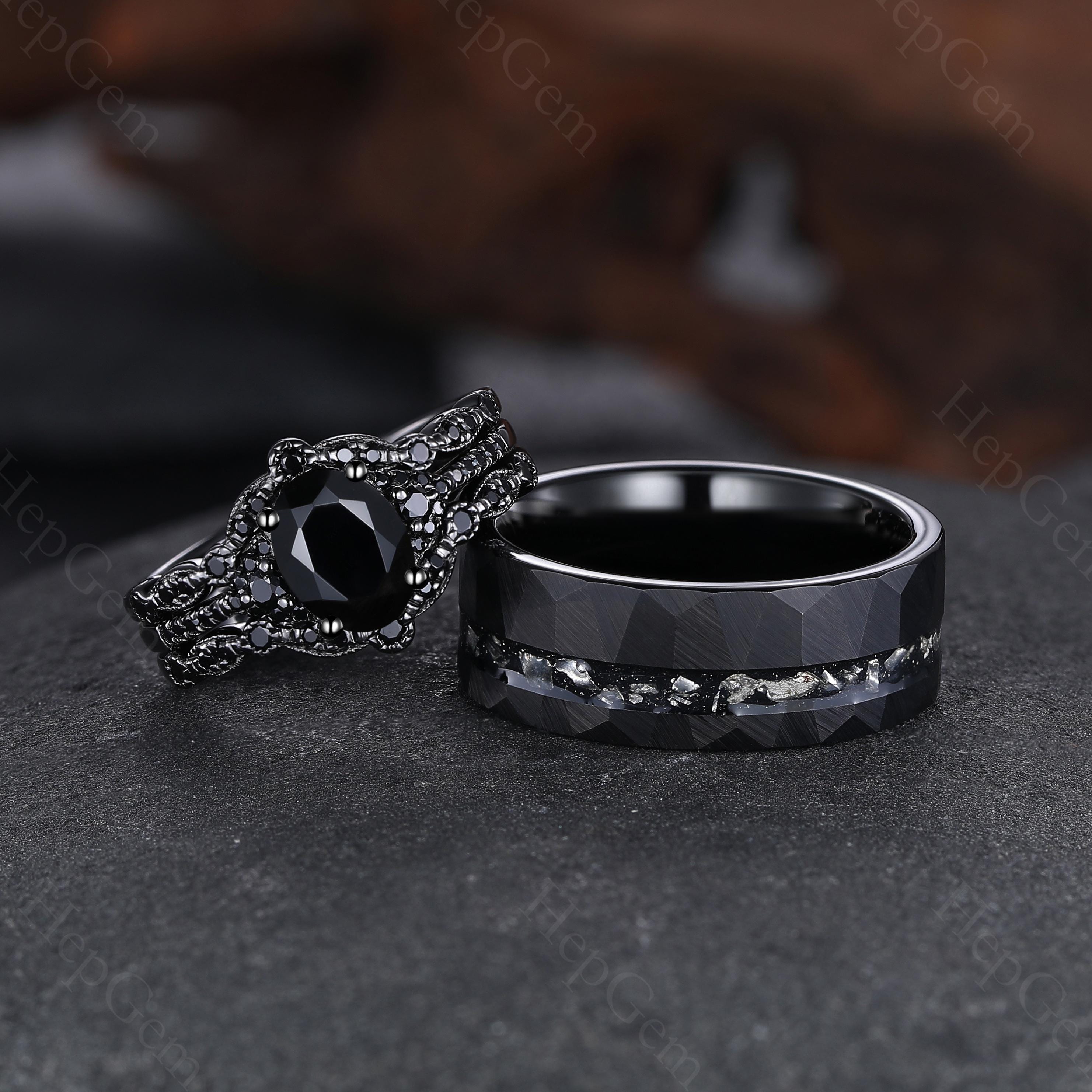希少 dan tomimatsu set ring 3.5 18k yg 黒漆 Gothic Black Onyx Couple Ring Set 3pc Black Onyx Bridal Set Gothic