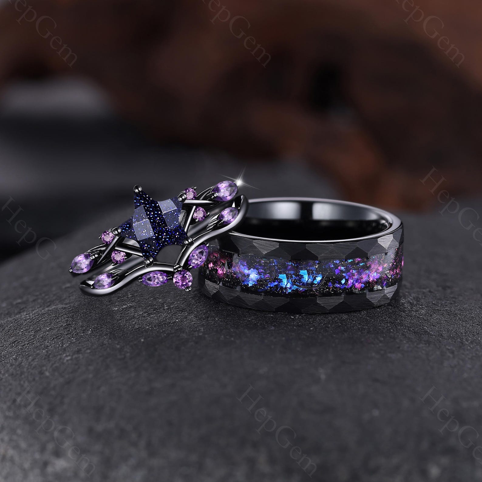 Galaxy Pentagram Blue Sandstone Couple Ring Set Black Purple Star ...