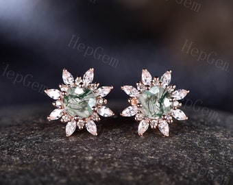 Echte groene mosagaat oorbellen, vintage ronde groene mosagaat oorbellen, mosagaat oorbellen voor vrouwen, roségouden bruids moissanite oorbel