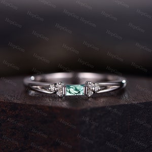 Minimalist Moss Agate Wedding Band Art Deco Anniversary Ring Sterling Silver Wedding Ring Moss Agate Stacking Anniversary Ring Gift For Her