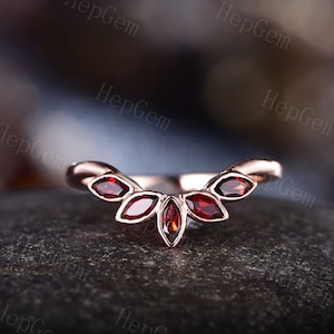 Curved Shaped Garnet Wedding Band,Marquise Garnet,January Birthstone Wedding Ring,Stack Wedding Band,Rose Gold,Anniversary Gift For Women