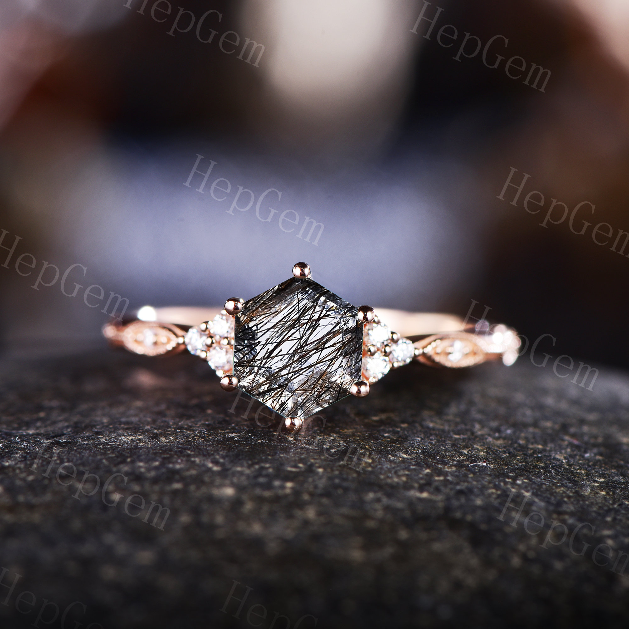 Hexagon Black Rutilated Quartz Engagement Ring,Rose Gold Bridal Ring,Black Rutilated Quartz Moissanite Women Ring,Promise Gift For Her