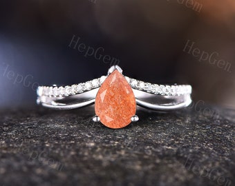 Pear Orange Sunstone Ring,Vintage Sunstone Engagement Ring,White Gold Bridal Ring,Micro Pave Anniversary Ring,Floral Birthstone Gift Ring