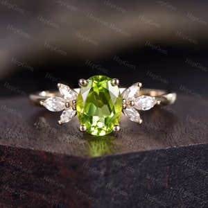 Green Peridot Engagement Ring Set Vintage Oval Peridot Ring Half Eternity Marquise Moissanite Ring August Birthstone Wedding Ring Women Gift