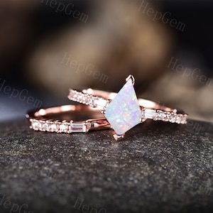 Vintage Kite Cut Fire Opal Engagement Ring Set/Silver Rose Gold/Opal Anniversary Ring/OctoberBirthstone Ring/Moissanite Stack Bridal Ring