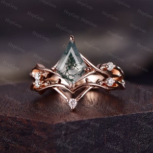 Vintage Kite Cut Green Moss Agate Engagement Ring Set Silver White Gold Leaf Branch Moissanite Band Bridal Stack Ring,Promise Ring Set Gift
