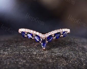 Gebogen V-vormige trouwring, Marquise Lab Sapphire Birthstone trouwring, stapel trouwring, solide 14k Rose Gold Ring, jubileumring cadeau