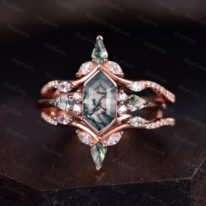 Vintage Long Moss Agate Engagement Ring Set,Cluster Double Curved Moss Agate Enhancer Ring,Silver Rose Gold Bridal Ring Promise Ring Gift