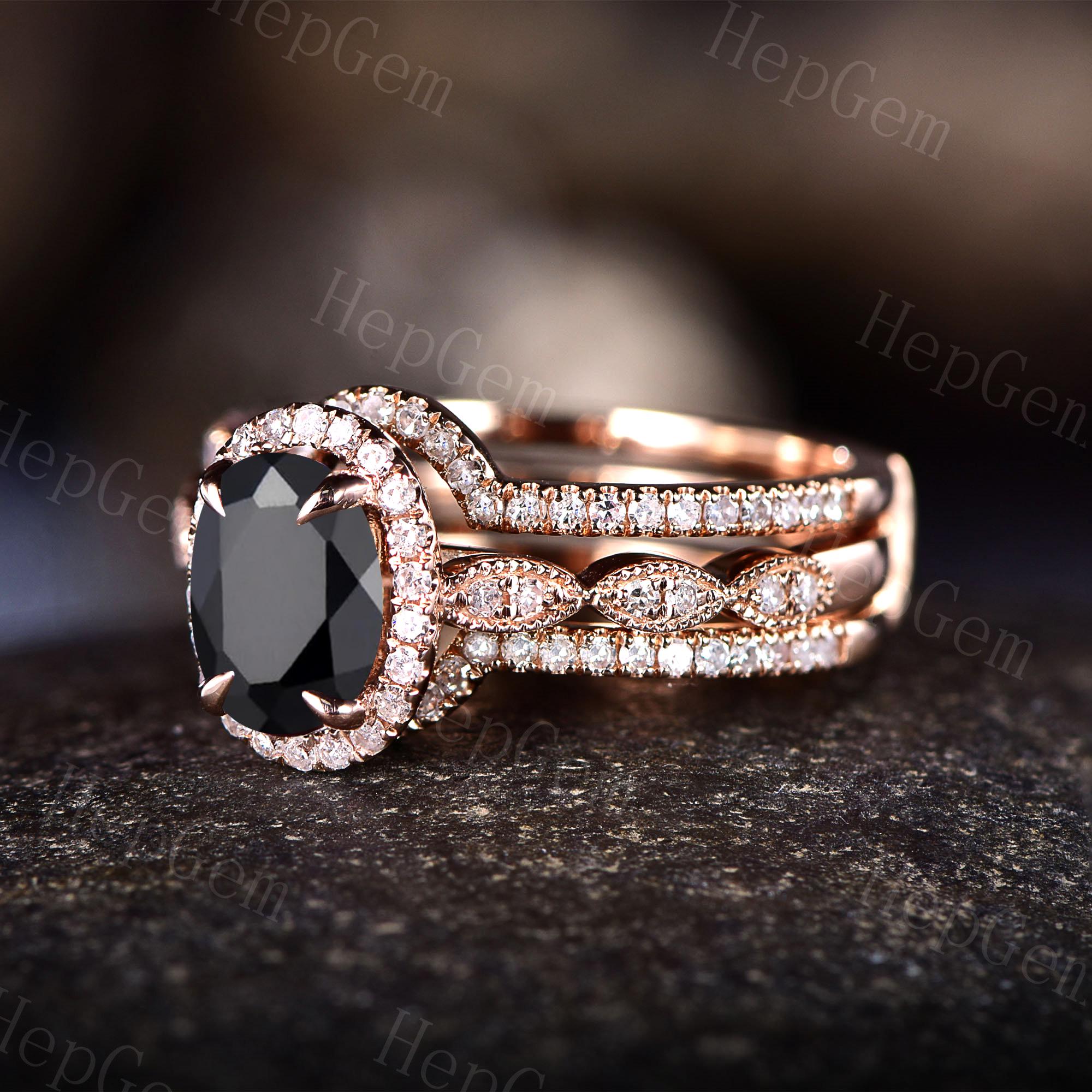 Oval Black Onyx Couple Ring Set Rose Gold Matching Ring Set