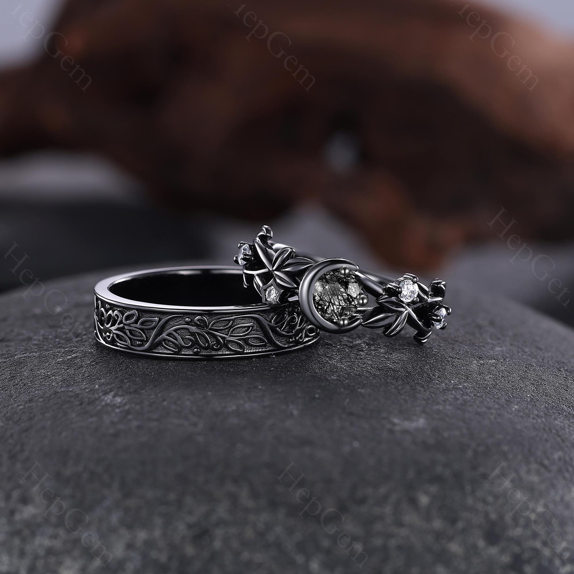 Unique Black Rutilated Quartz Couples Rings Twig Leaf Black Gold