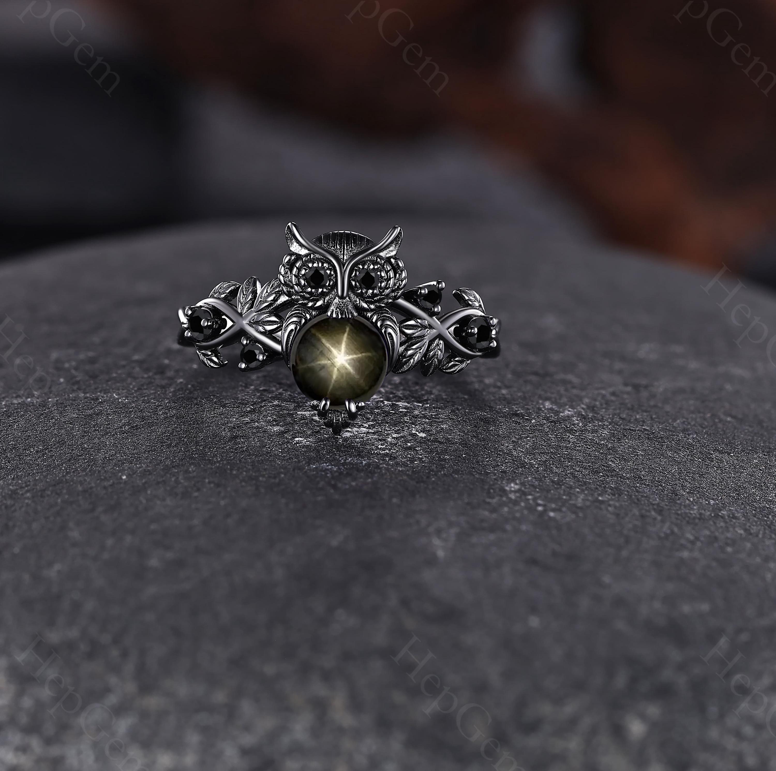 Owl Black Star Sapphire Ring Gothic Engagement Ring Black Spinel Cluster Ring Nature Inspired Promis