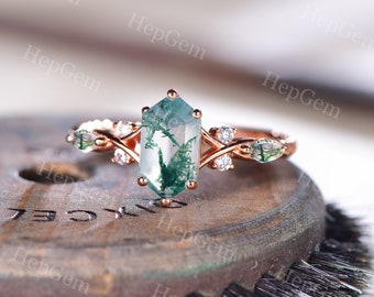 Sechseckiger grüner Moosachat-Verlobungsring Silber-Rosengold Marquise Moosachat-Braut-Cluster-Ring Vintage-Stapelring Moosachat-Frauenring