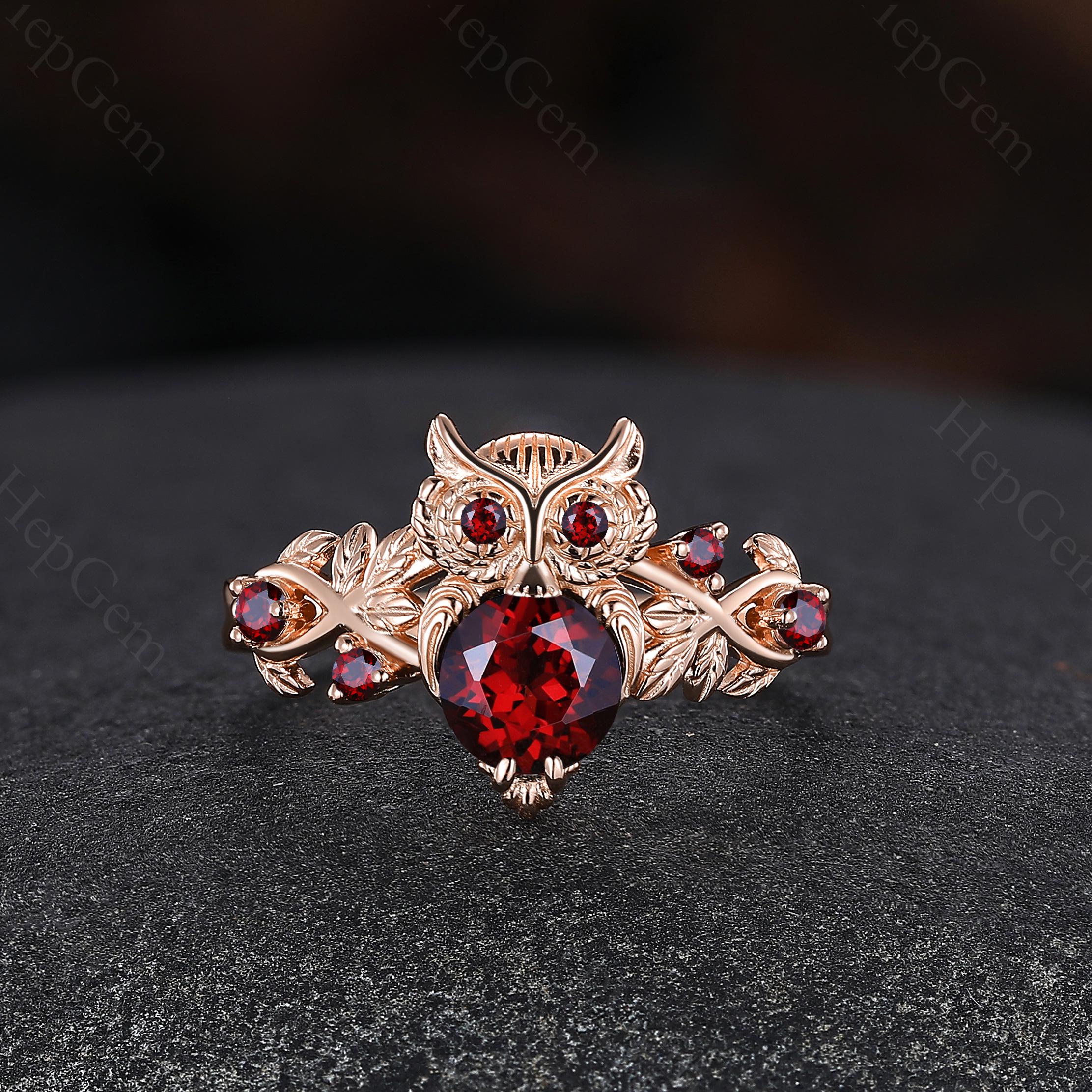 Vintage garnet engagement ring Unique owl design ring Rose gold garnet cluster ring nature inspired 