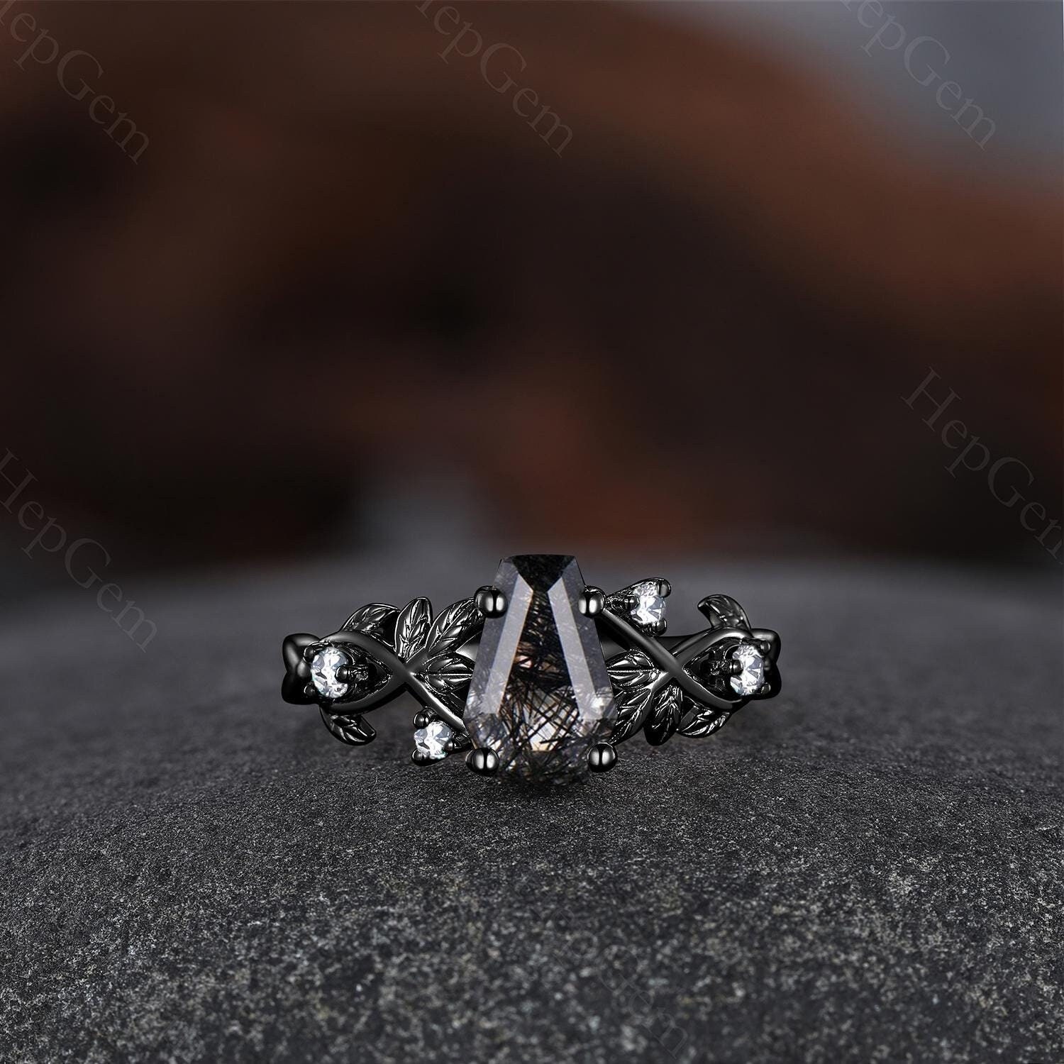 Retro coffin cut black rutilated quartz engagement ring leaf inspired wedding rings 14k black gold promise rings gift for her handmade gift