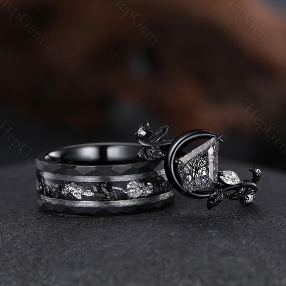 Gothic Black Gold Black Rutilated Quartz Couple Ring His and Hers