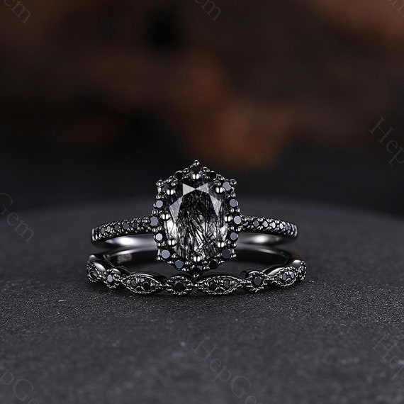 Oval Black Rutilated Quartz Engagement Ring Set Black Diamond
