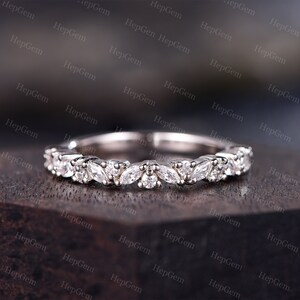 Antique Marquise Moissanite Wedding Ring Half Eternity Marquise Leaves Band Silver White Gold Vintage Anniversary Stack Anniversary Gift