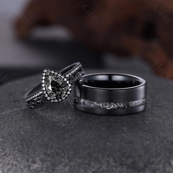 3pc Black Rutilated Quartz Couple Rings His and Hers Wedding Bands