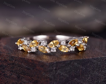 Vintage Marquise Citrine Stack Wedding Ring November Birthstone Half Eternity Diamond Stack Band Rose Gold Anniversary Cluster Ring For Her