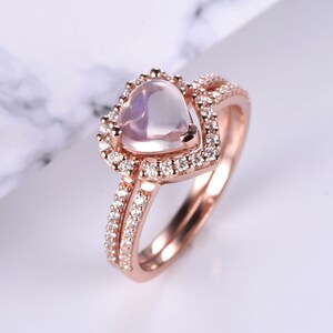 Heart Rainbow Moonstone Engagement Ring/7mm Heart Cut Moonstone Birthstone Ring/Rose Gold Diamond Wedding Band/Micro Pave Ring Gift for Her