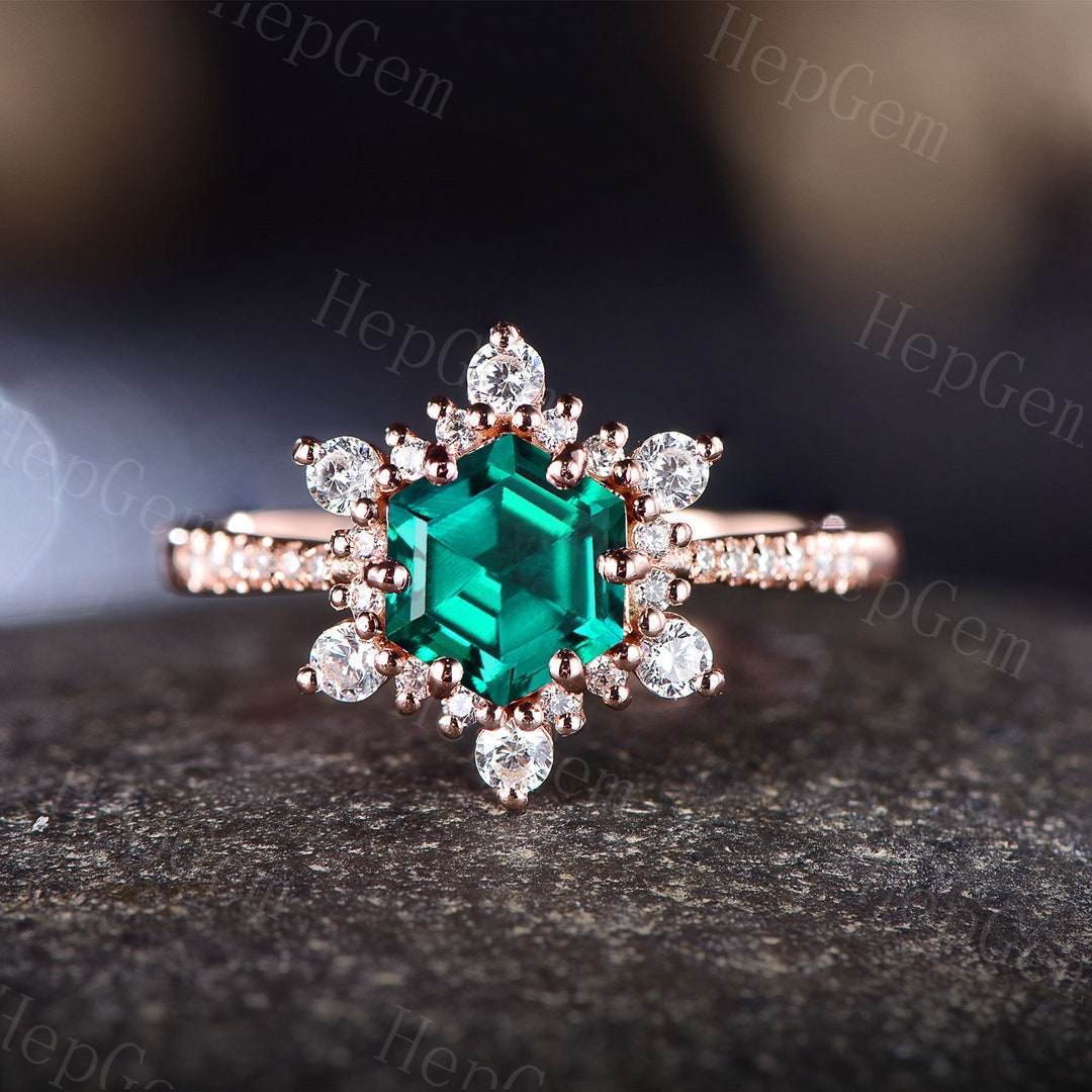 Hexagon Emerald Engagement Ringrose Gold Snowflake Ringart - Etsy