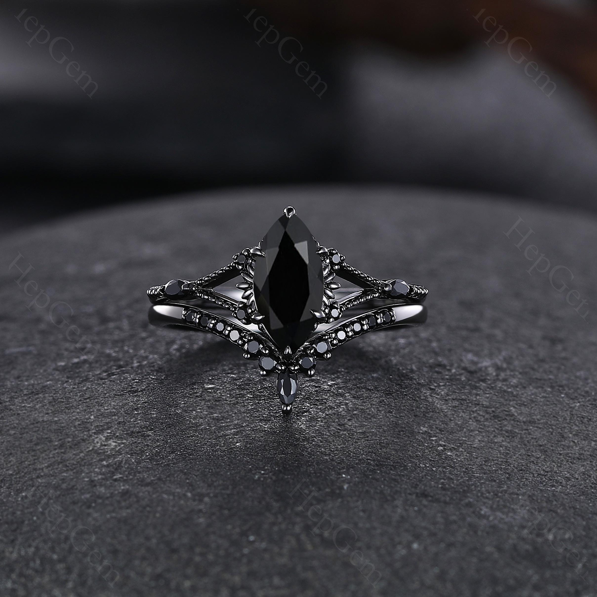 Gothic Marquise Black Onyx Engagement Ring Set Marquise V Shape