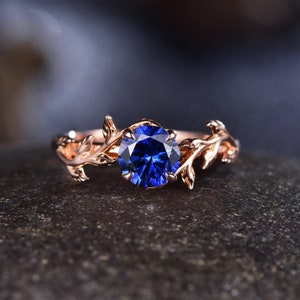 Round Sapphire ring 14K rose gold snowdrift ring moss agate engagement ring six prong unique promise wedding ring anniversary gifts