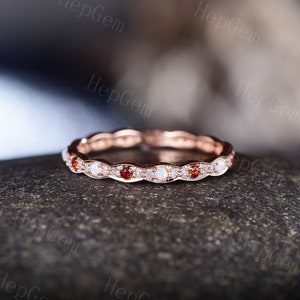 Opal Bridal Wedding Ring,Full eternity Red Garnet Ring,January Birthstone Wedding Band,Silver Rose Gold Anniversary Ring,Micro Pave Gift