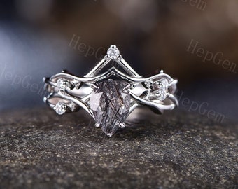 Vintage Pear Black Rutilated Quartz Engagement Ring Set,Silver White Gold Ring,Natural Inspired Bridal Ring,Moissanite Ring,Leaf Branch Band