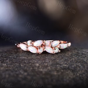 Marquise Cut Fire Opal Wedding Band,14k Rose Gold Stackable Ring,Personalized Otc Birthstone Wedding Ring,Opal Band,Birthday Gift For Women