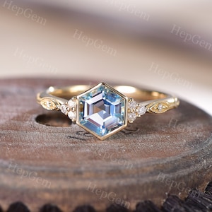 Hexagon Cut Aquamarine Engagement Ring,Yellow Gold Anniversary Ring,Bezel Set,March Birthstone, Aquamarine Ring,Promise Women Ring Gift