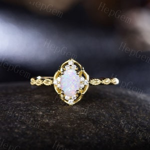 Vintage Opal Ring,October Birthstone Ring,Yellow Gold Opal Engagement Ring,Art Deco Women Wedding Ring,White Fire Opal Ring,Promise Ring