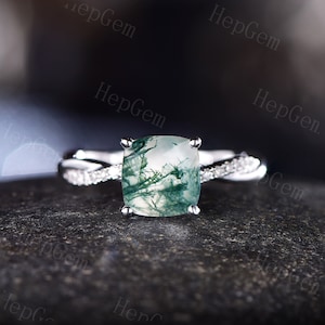 Cushion Cut Green Moss Agate Engagement Ring,Vintage Twist Band,White Gold Silver Bridal Moissanite Ring,Half Eternity Anniversary Ring