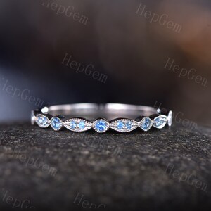 Vintage Marquise Topaz Wedding Band Half Eternity Topaz Matching Rings White Gold Engagement Stacking Rings Bridal Promise Ring for Women