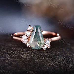 Coffin Shape Natural Green Moss Agate Engagement Ring,Moissanite Cluster Moissanite Band,Long Hexagon Moss Agate,Promise Moss Agate Jewelry